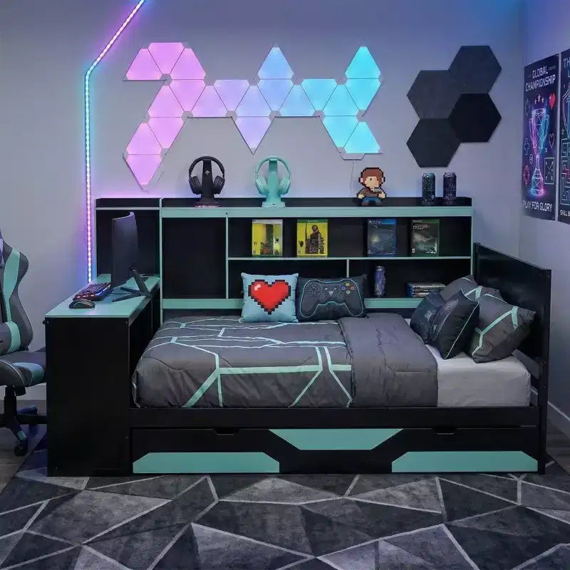Letto trasformabile Gamer Hub con scrivania, luci RGB, stazione di ricarica, cassetti contenitore e testiera libreria