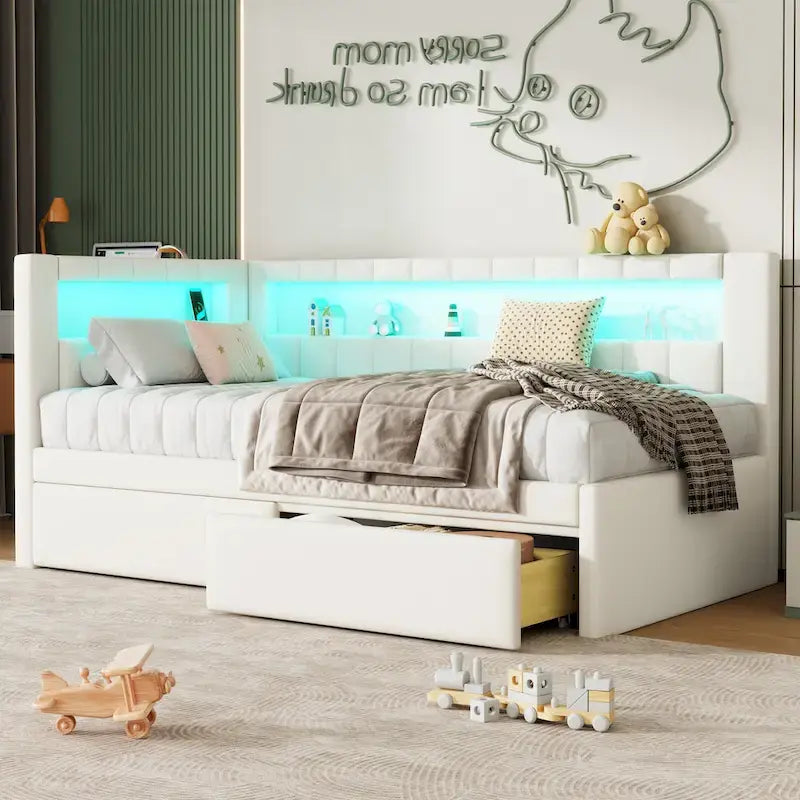 Gestoffeerd platformbed met USB-poorten en ledverlichting - bedframe voor tweepersoonsbed/twin-size met 2 opberglades - moderne slaapkamer