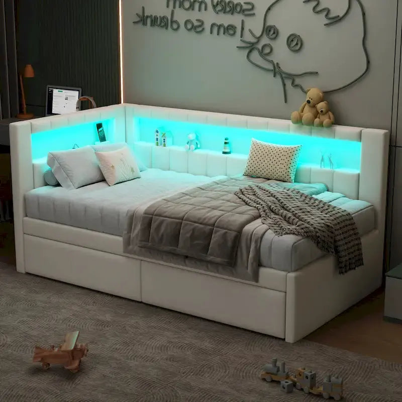 Gestoffeerd platformbed met USB-poorten en ledverlichting - bedframe voor tweepersoonsbed/twin-size met 2 opberglades - moderne slaapkamer