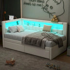 Gestoffeerd platformbed met USB-poorten en ledverlichting - bedframe voor tweepersoonsbed/twin-size met 2 opberglades - moderne slaapkamer