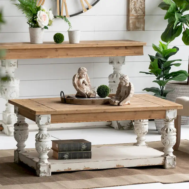 Rechthoekige salontafel van antiek witgewassen hout