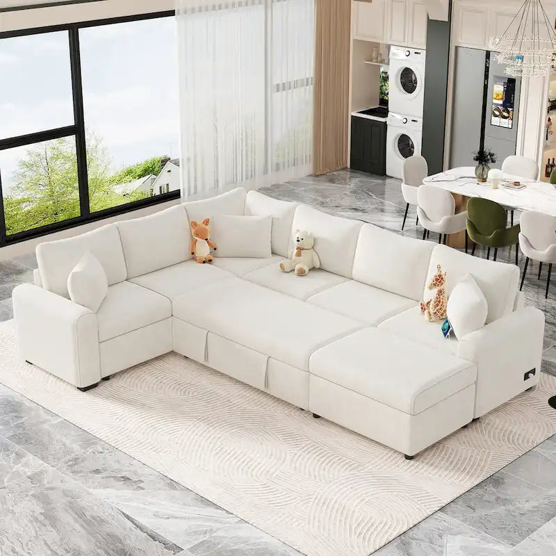 Divano componibile in ciniglia trasformabile in divano letto estraibile, divano letto ad angolo a L con pouf contenitore, 3 cuscini e dispositivi di ricarica