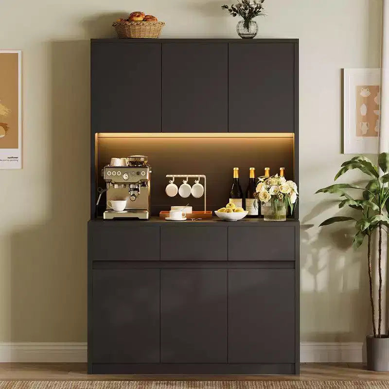 Keukenkast van 71 inch, opbergkast met bovenkast, ledverlichting en stopcontacten, buffetkast met magnetronstandaard en verstelbare planken