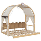 Letto Montessori a piattaforma in legno massello a forma di casetta, con tetto ad arco e letto estraibile, per bambine e bambini