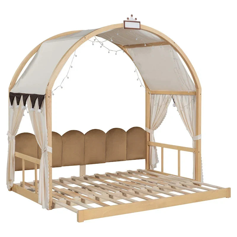 Letto Montessori a piattaforma in legno massello a forma di casetta, con tetto ad arco e letto estraibile, per bambine e bambini