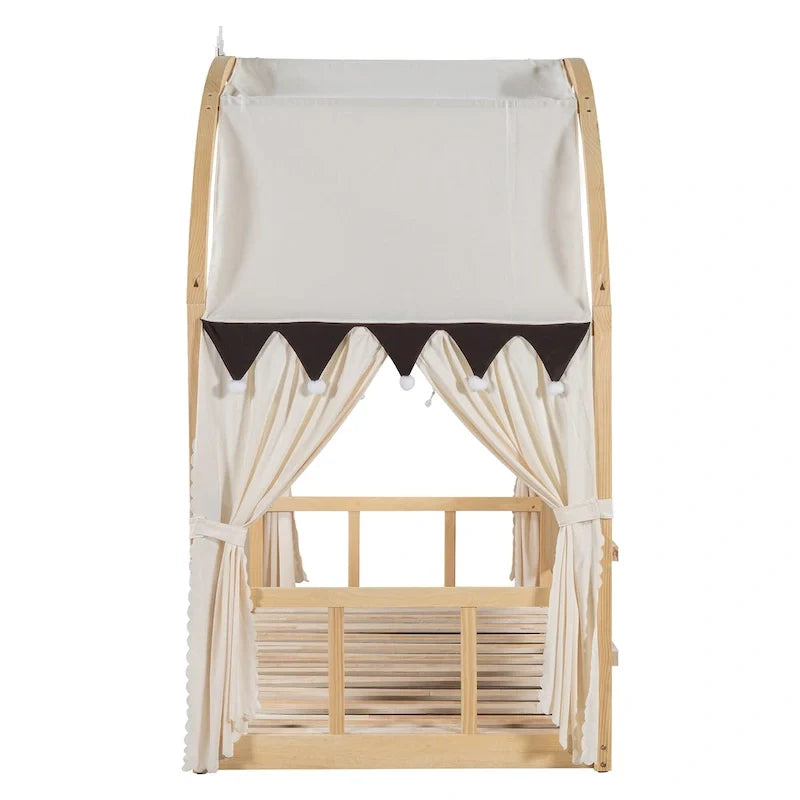 Letto Montessori a piattaforma in legno massello a forma di casetta, con tetto ad arco e letto estraibile, per bambine e bambini