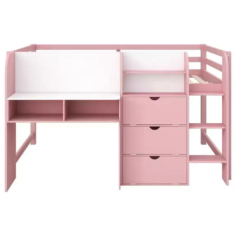 Roze/wit laag halfhoogslaper met bureau, opbergruimte en whiteboard – eenpersoonsbed, voor 1 persoon
