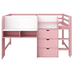 Roze/wit laag halfhoogslaper met bureau, opbergruimte en whiteboard – eenpersoonsbed, voor 1 persoon