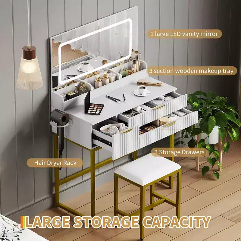 Toaletni stolić s ogledalom i rasvjetom, dizajn s LED osvijetljenim ogledalom, prostrane ladice za organizaciju kozmetike i toaletnih potrepština