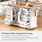 Expandable Drop-Leaf Kitchen Island, Kitchen Cart on 4 Wheels with Power Outlet, Moveable Island Table with 2 Door & 6 Drawers