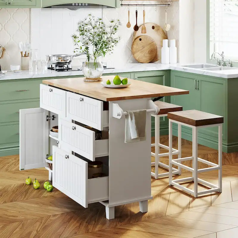TOPMAX keukeneilandset met uitklapbaar blad en 2 zitplaatsen, eetkamertafelset met verstelbare plank, laden en handdoekrek