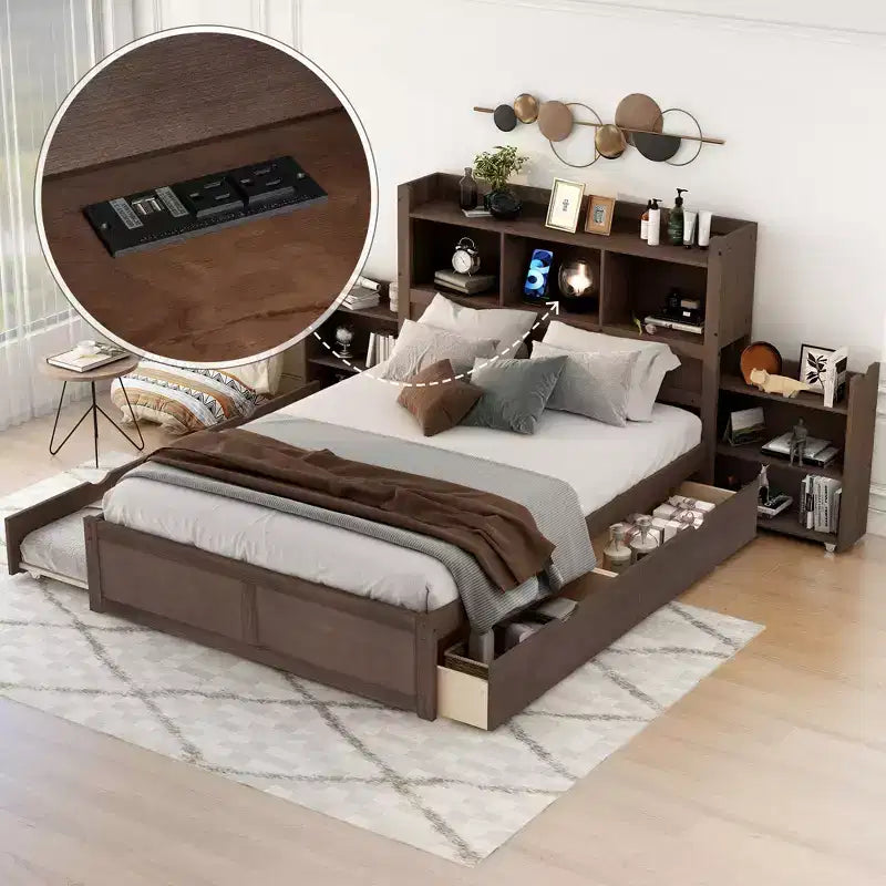 Sodda b’pjattaforma Full b’ħażna b’trundle, headboard b’librerija u stazzjon tal-iċċarġjar, qafas tas-sodda tal-injam ta’ daqs Full bi xkafef u kxaxen