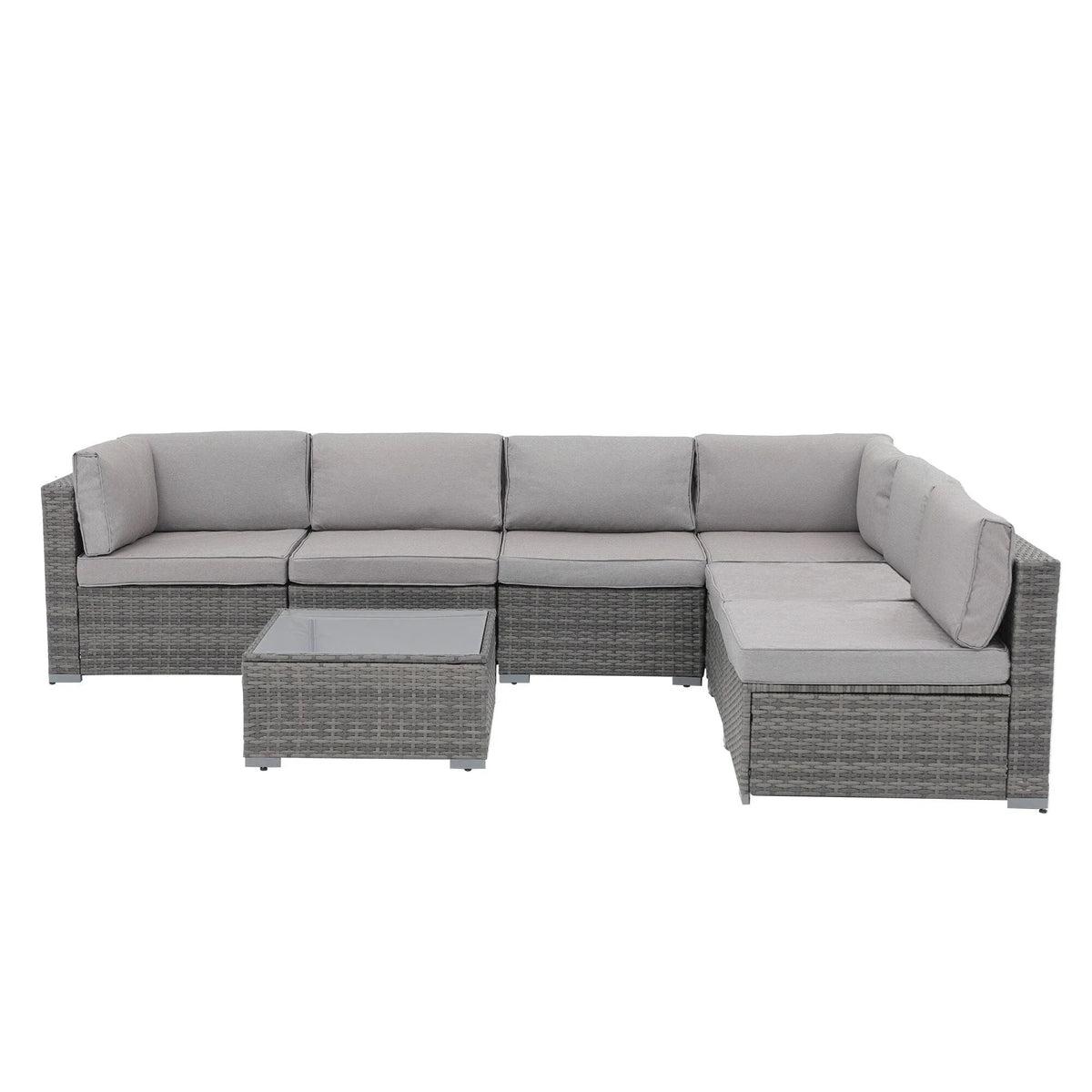 7-delige outdoor loungeset van vlechtwerk en staal met kussens