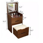 Toeletta 3-in-1 Okak con specchio ribaltabile, toeletta compatta con piano in vetro trasparente e sgabello imbottito, scrivania da toeletta per camera da letto