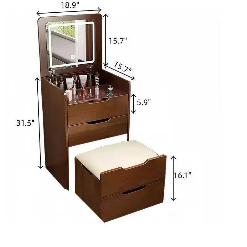 Toeletta 3-in-1 Okak con specchio ribaltabile, toeletta compatta con piano in vetro trasparente e sgabello imbottito, scrivania da toeletta per camera da letto