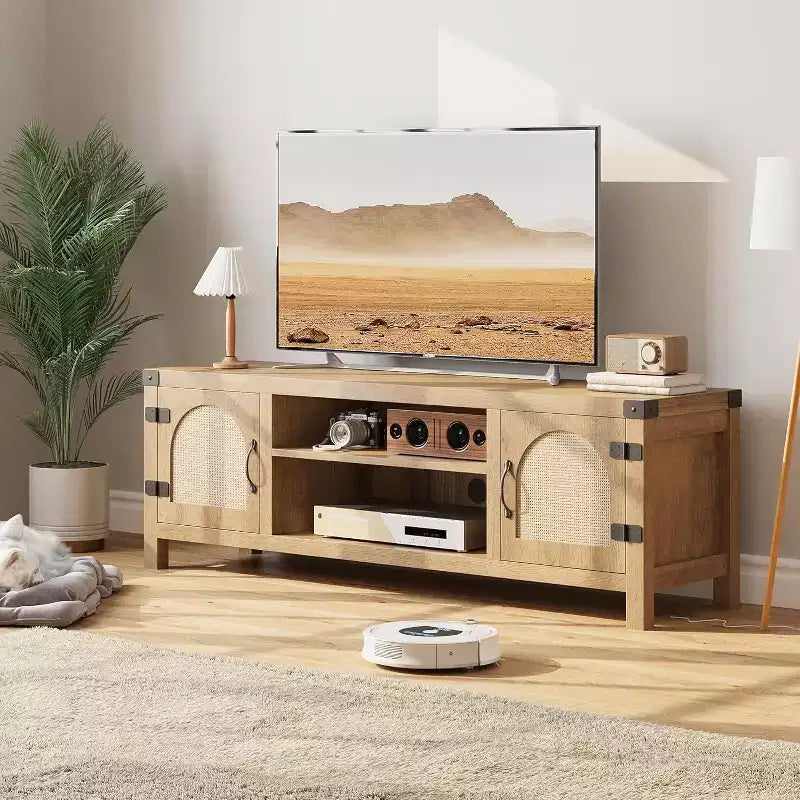 Mobile TV in stile boho da 65 pollici con anta in vimini - Centro di intrattenimento in legno con due armadietti e ripiani regolabili, adatto ai soggiorni