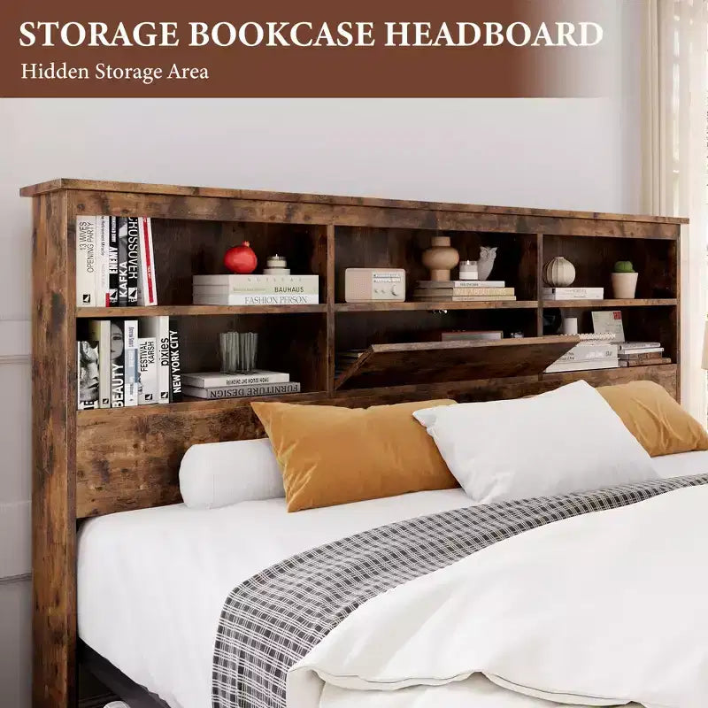 Qafas ta’ sodda Full b’headboard għall-ħażna, qafas tas-sodda tal-injam b’4 kxaxen, librerija għall-ħażna u sodda b’pjattaforma ta’ daqs King b’appoġġ qawwi tal-metall