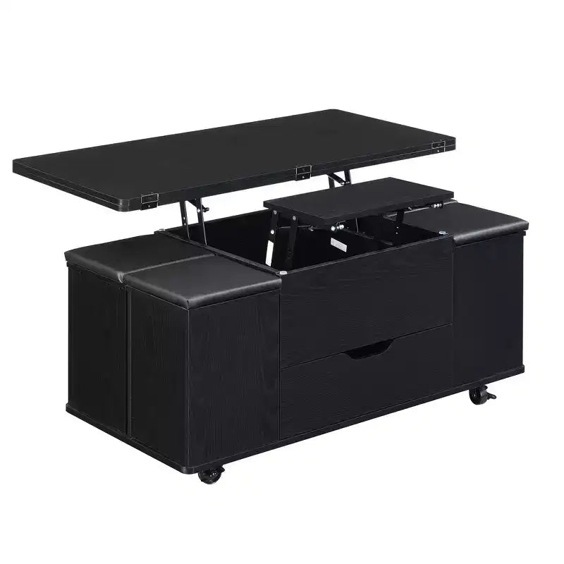Multifunktionaler moderner Couchtisch mit Liftplatte, verborgenem Stauraum, 4 Hockern und Rollen – perfekt für moderne Wohnbereiche