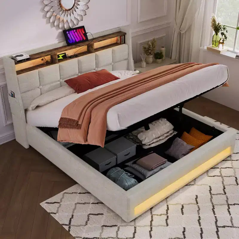 Letto matrimoniale queen size con contenitore idraulico, LED, USB, testiera imbottita, senza rete a doghe, facile da montare