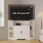 Corner TV Stand for TVs up to 55  Farmhouse Barn Door Media Console with Open Shelves & Storage Cabinet, White