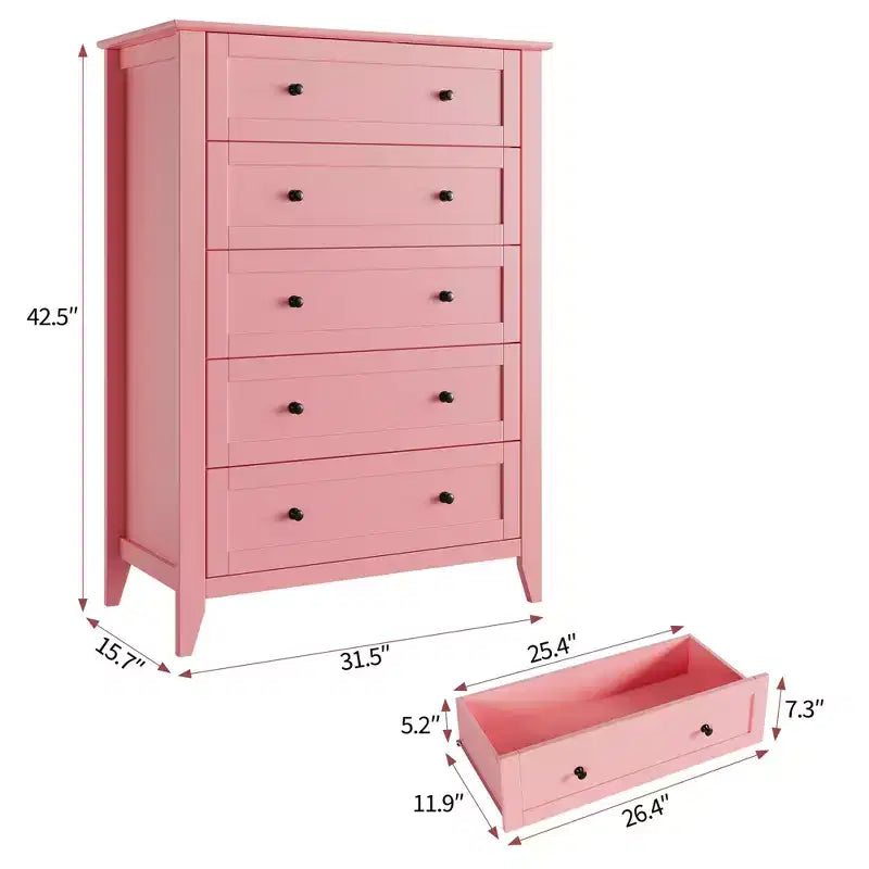 Hoge ladekast van 42,5 inch met 5 laden voor de slaapkamer, houten opbergkast met laden van 11,9 inch diep en gouden metalen knoppen, ideaal voor hal of entree