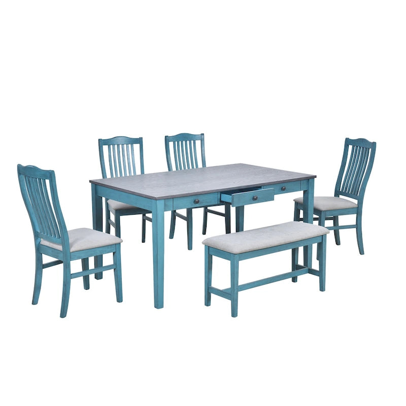 Set da pranzo in legno da 6 pezzi con 4 sedie e panca, tavolo con cassetto