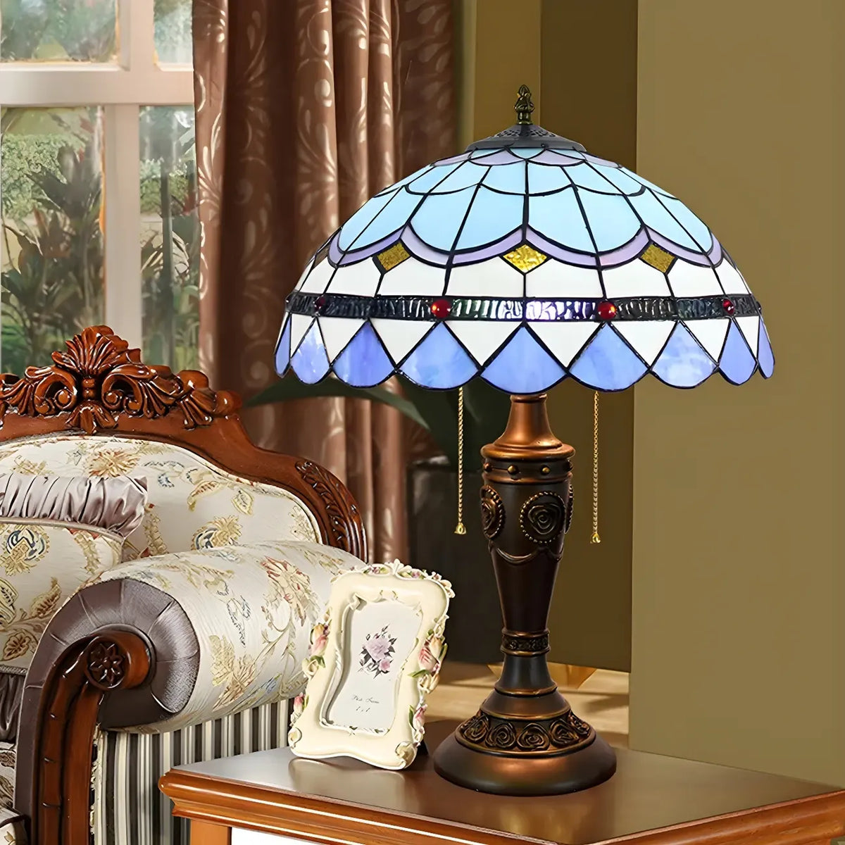 HomeyFad Vintage-Tischlampe mit 2 Leuchten, Edelstahlsockel und gläsernem Kuppelschirm