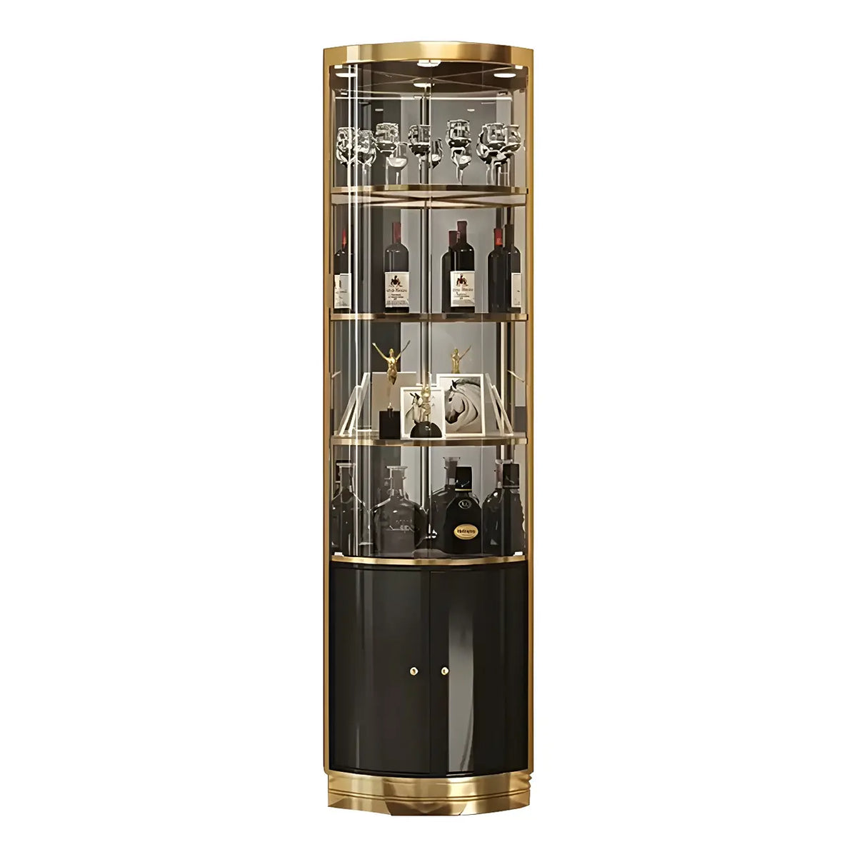 Glam Glossy Glass Gold Metal Rounded Display Corner Cabinet