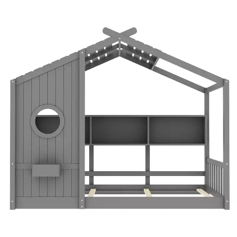 Huisvormig platformbed voor eenpersoonsbed/tweepersoonsbed, peuter-vloerbed, Montessori-kinderbed en speelhuisbed met opbergplank - ModernLuxe