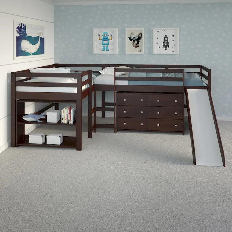 Set letto a soppalco scorrevole a L doppio Twin in color cappuccino scuro