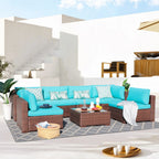 7-delige outdoor loungeset van vlechtwerk en staal met kussens