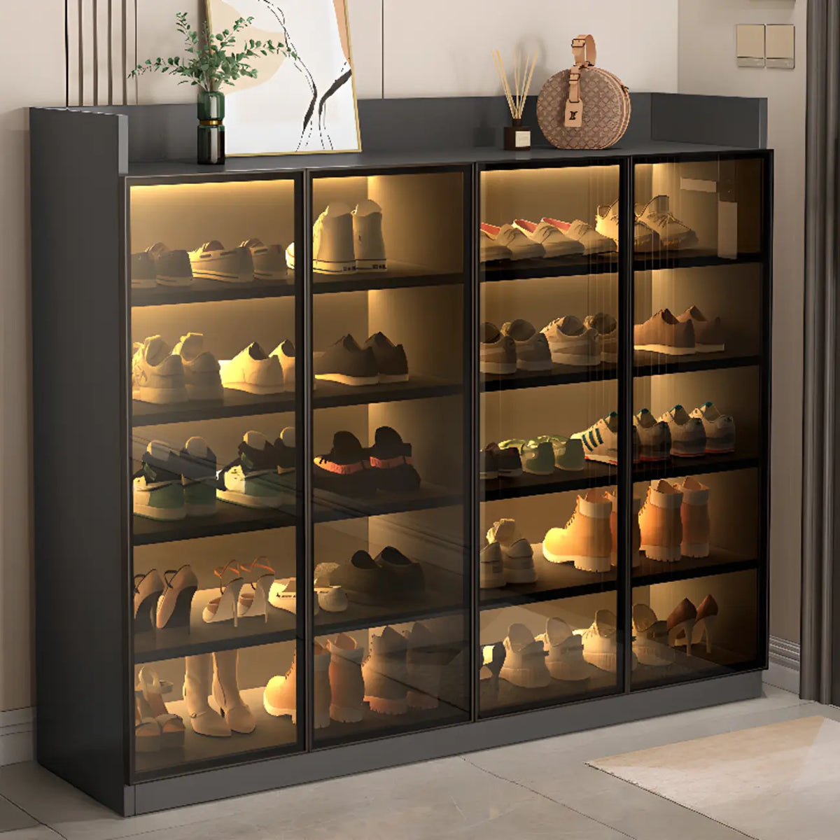 Led-lit Shoe Cabinet with Adjustable Shelves Transparent Doors