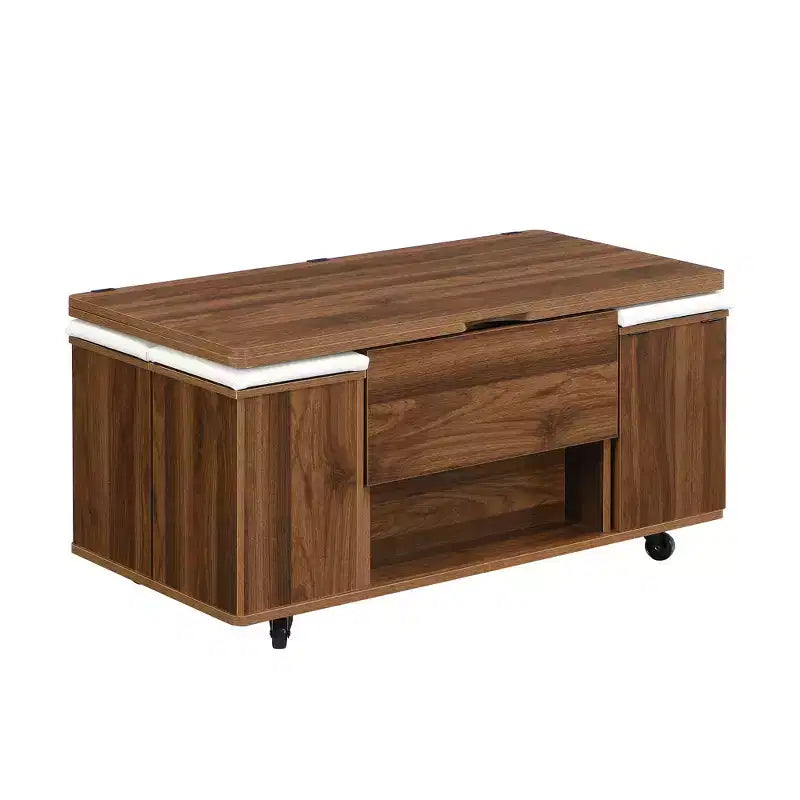 Multifunktionaler moderner Couchtisch mit Liftplatte, verborgenem Stauraum, 4 Hockern und Rollen – perfekt für moderne Wohnbereiche