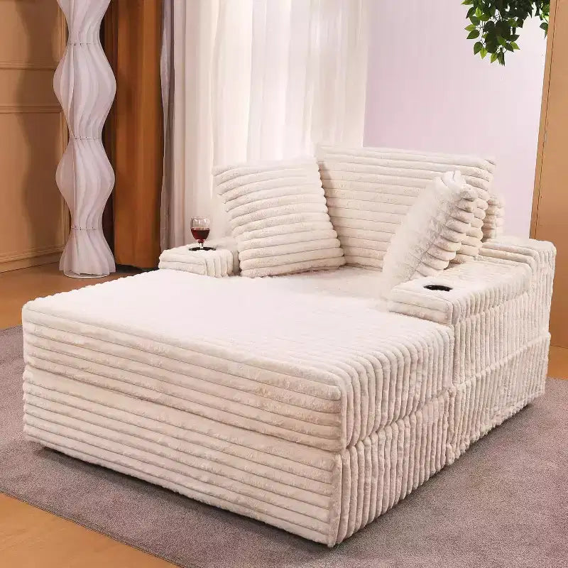 Pultruna chaise longue kbira għall-użu fuq ġewwa b’ottoman għall-ħażna, sufan sodda miksija bil-korduroj, Cloud Couch, bi 3 mħaded, pultruna sufan waħda għall-irqad