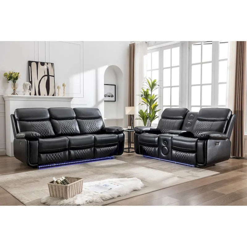 Power Reclining Sofa with Wireless Charger,Reading Light,LED Light for Living Room,Faux Leather,AC/USB Port,Cup Holder,Black