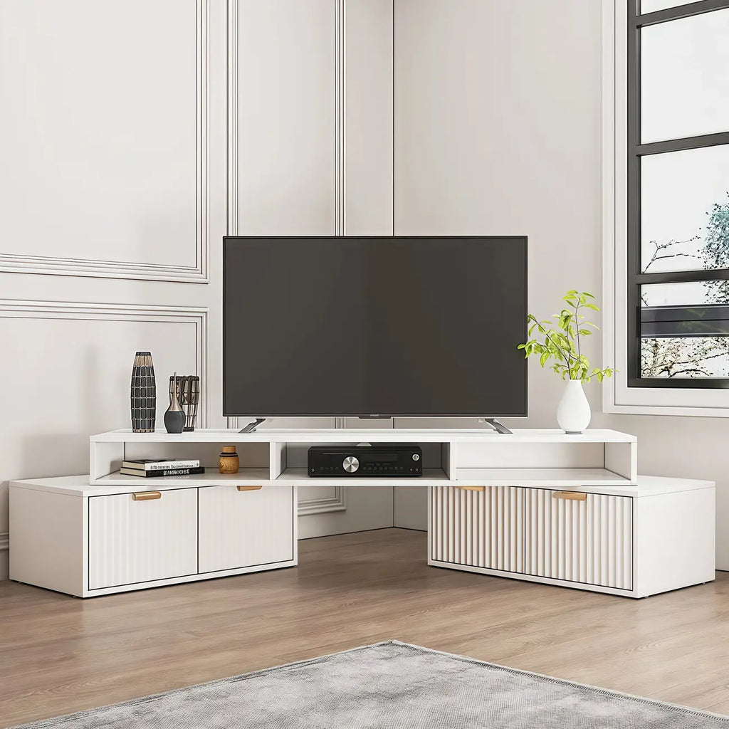 Mejda moderna bajda tat-TV għall-kantuniera b’2 kxaxen u ħażna miftuħa