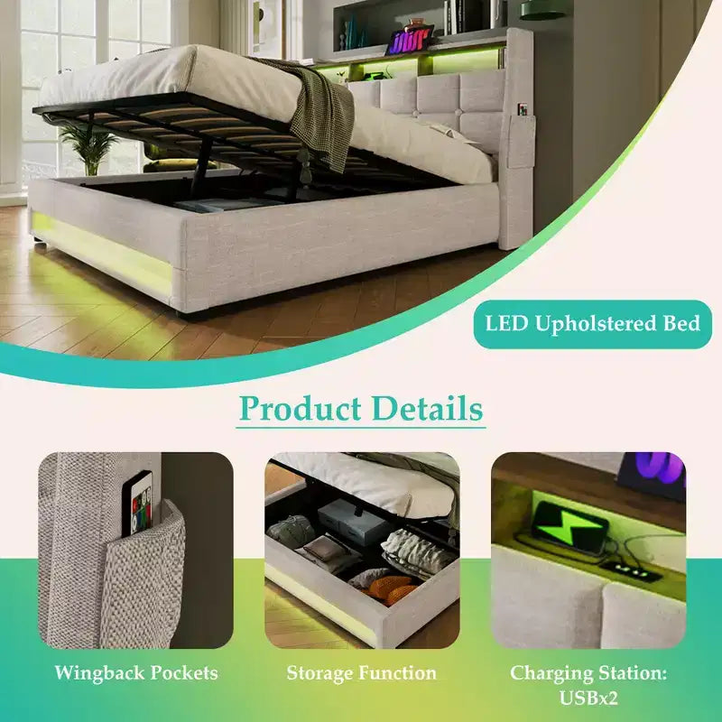 Letto matrimoniale queen size con contenitore idraulico, LED, USB, testiera imbottita, senza rete a doghe, facile da montare