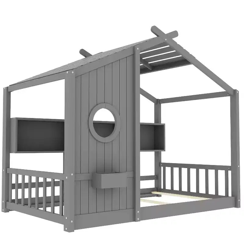 Huisvormig platformbed voor eenpersoonsbed/tweepersoonsbed, peuter-vloerbed, Montessori-kinderbed en speelhuisbed met opbergplank - ModernLuxe