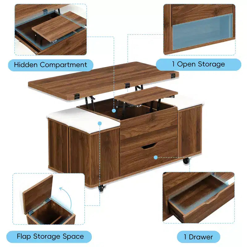 Multifunktionaler moderner Couchtisch mit Liftplatte, verborgenem Stauraum, 4 Hockern und Rollen – perfekt für moderne Wohnbereiche