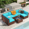 7-delige outdoor loungeset van vlechtwerk en staal met kussens