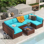 7-delige outdoor loungeset van vlechtwerk en staal met kussens
