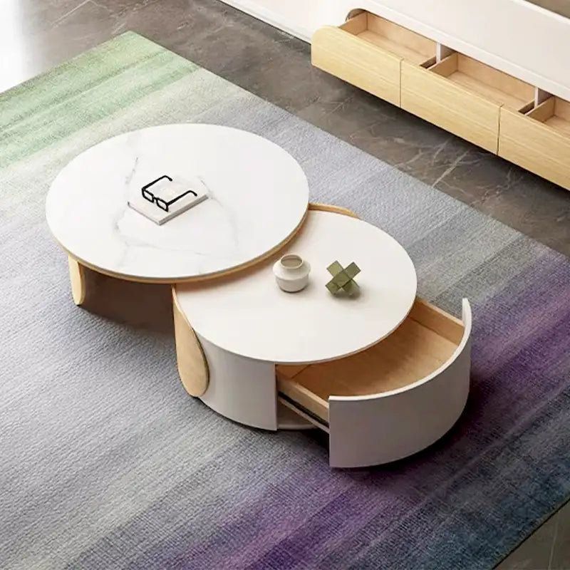 Tavolino da caffè rotondo moderno, piano in pietra, legno naturale - 50 x 31,5