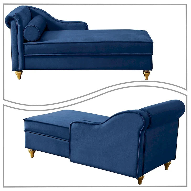 Chaise longue elegante francese rivestita in velluto con contenitore e cuscino