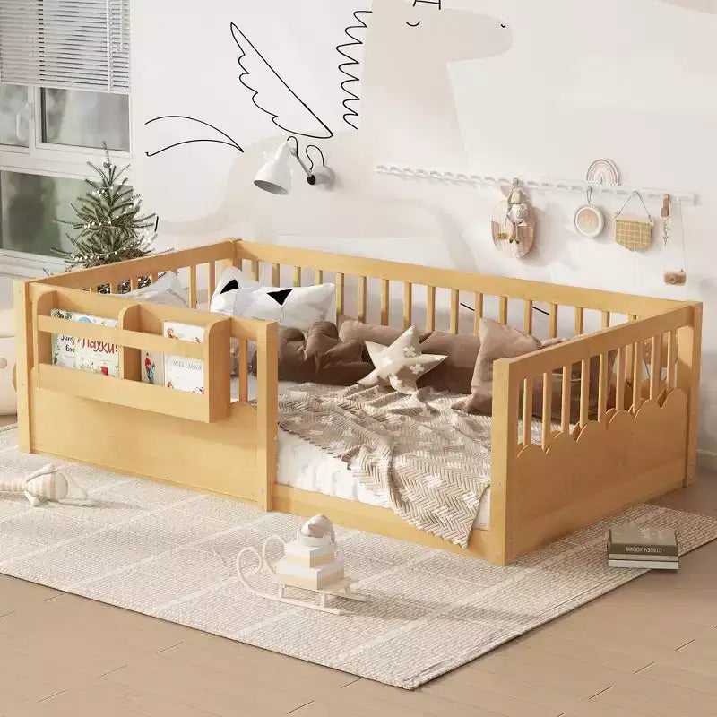 Letto a terra per bambini Bellemave con sponda rialzata e libreria, struttura in legno per letto singolo Montessori per bambine e bambini