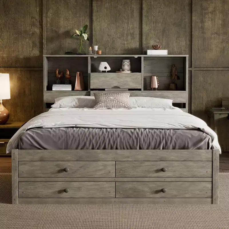 Letto matrimoniale con base a piattaforma, ripiano contenitore e 8 cassetti, facile da montare