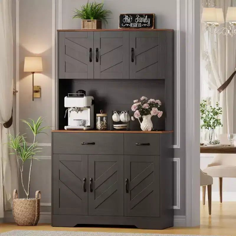 Keukenvoorraadkast van 71 inch met laadstation, groot aanrechtblad, magnetronstandaard en 2 laden, vitrinekastopbergruimte voor eetkamer en woonkamer