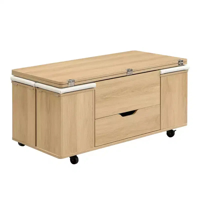 Multifunktionaler moderner Couchtisch mit Liftplatte, verborgenem Stauraum, 4 Hockern und Rollen – perfekt für moderne Wohnbereiche