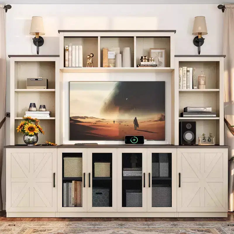 Moderne tv-kast voor een 55-inch tv met oplaadstation, mediaconsole met grote opbergkasten, entertainmentcentrum voor de woonkamer-Panipeachy