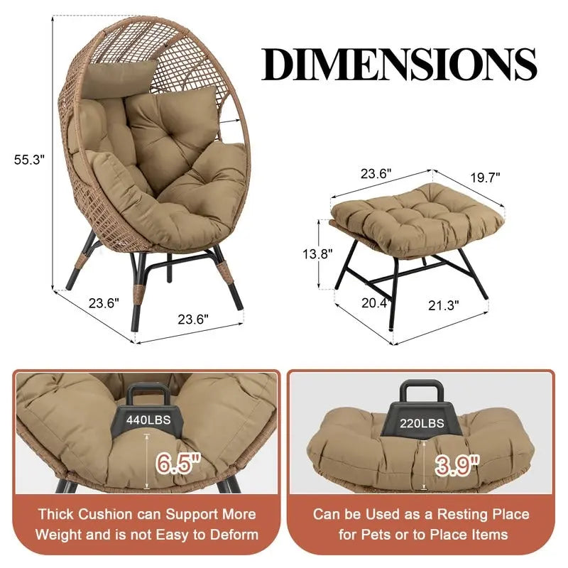 Sedia a uovo da interno FINCATI, sedia a uovo da esterno da 440 libbre, sedia a uovo oversize con pouf, sedia a uovo di lusso e confortevole con poggiapiedi