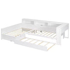 Twin Size L-shaped Platform Bed with Trundle & Charging Station, Wood Bed Frame with Bookshelf